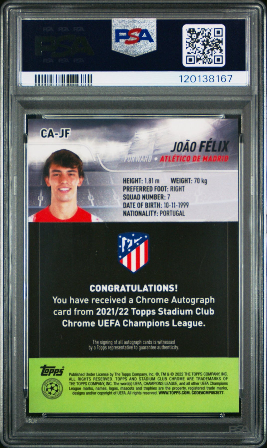 2021 - 22 Topps Stadium Club UEFA Joao Felix CA - JF Chrome Auto Refractor PSA 9Graded Sports Cards