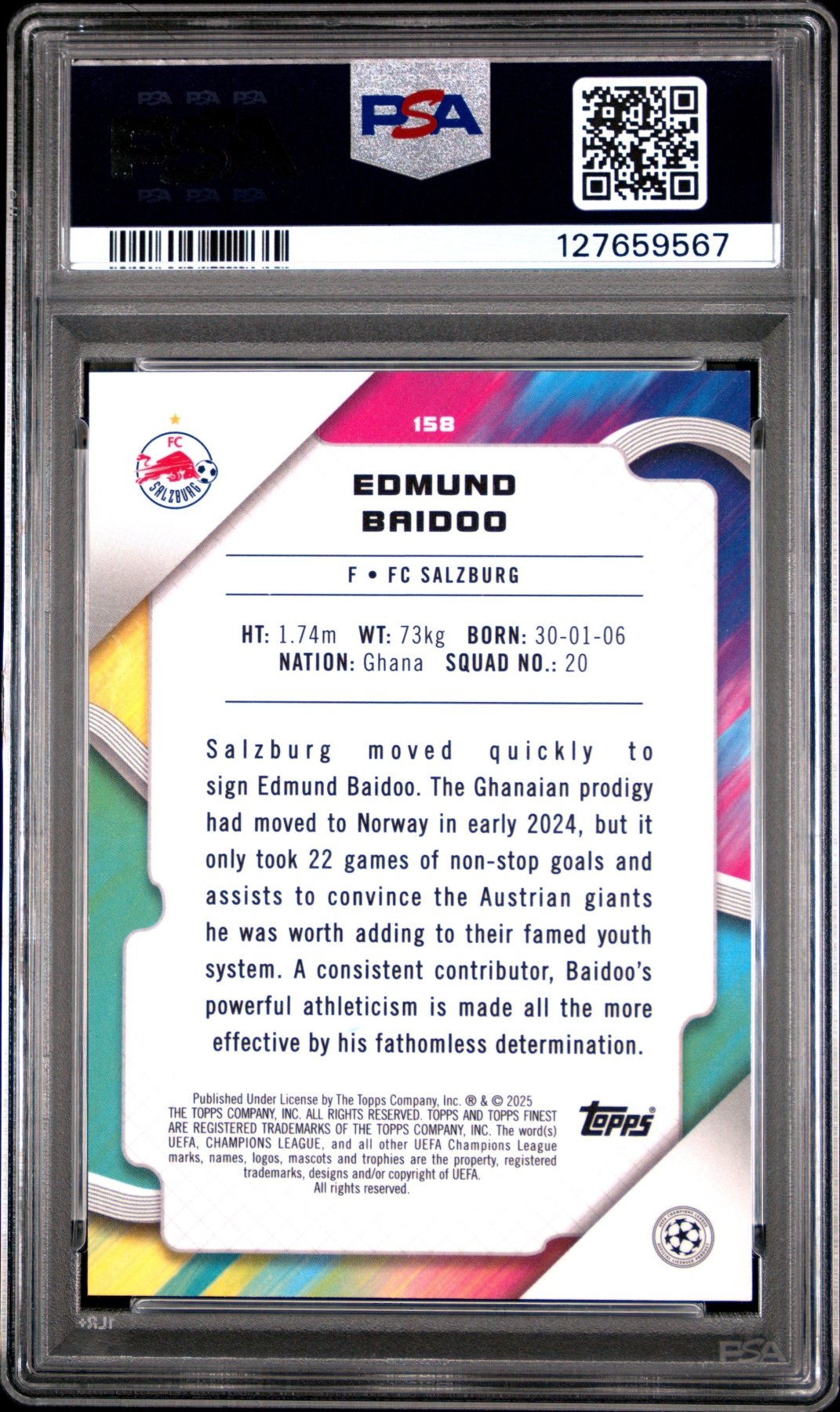 2024 - 25 Topps Finest UEFA Edmund Baidoo 158 Red Refractor RC Rookie 1/5 PSA 10Graded Sports Cards