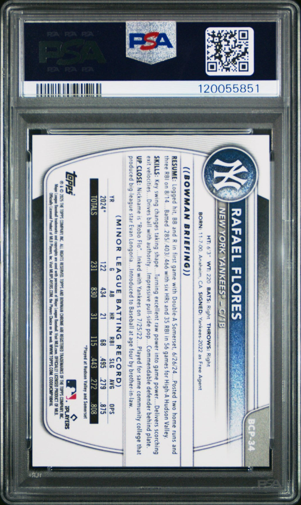 2025 Bowman Rafael Flores BCP - 34 Sunflower Seeds SSP 1st Bowman PSA 10Graded Sports Cards