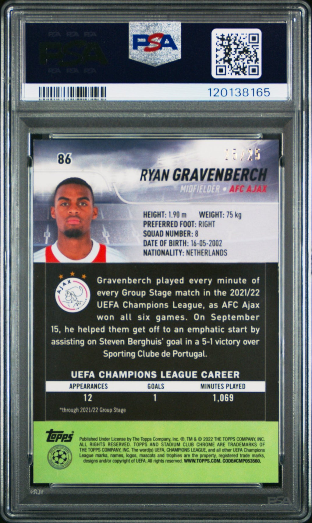 2021 - 22 Topps Stadium Club UEFA Ryan Gravenberch 86 Orange Wave 25/25 PSA 9Graded Sports Cards