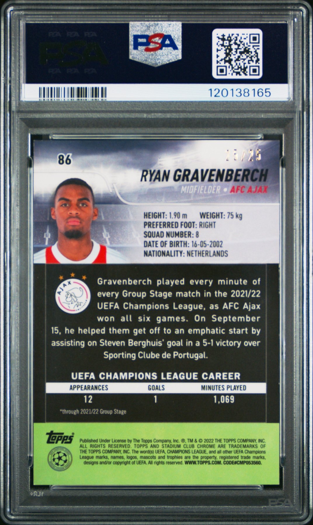 2021 - 22 Topps Stadium Club UEFA Ryan Gravenberch 86 Orange Wave 25/25 PSA 9Graded Sports Cards