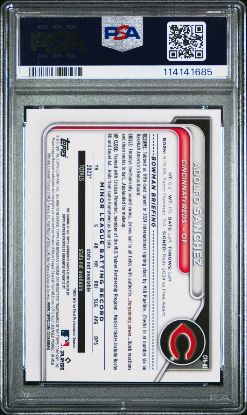 2024 Bowman Chrome 1st Bowman Auto Adolfo Sanchez CPA - AS Orange Lava /25 PSA 10Graded Sports Cards