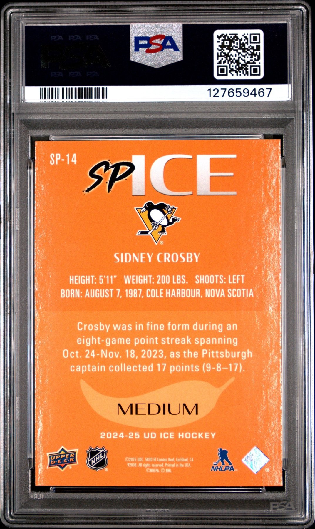 2024 - 25 Upper Deck Ice SP Ice Sidney Crosby SP - 14 Medium PSA 6Graded Sports Cards