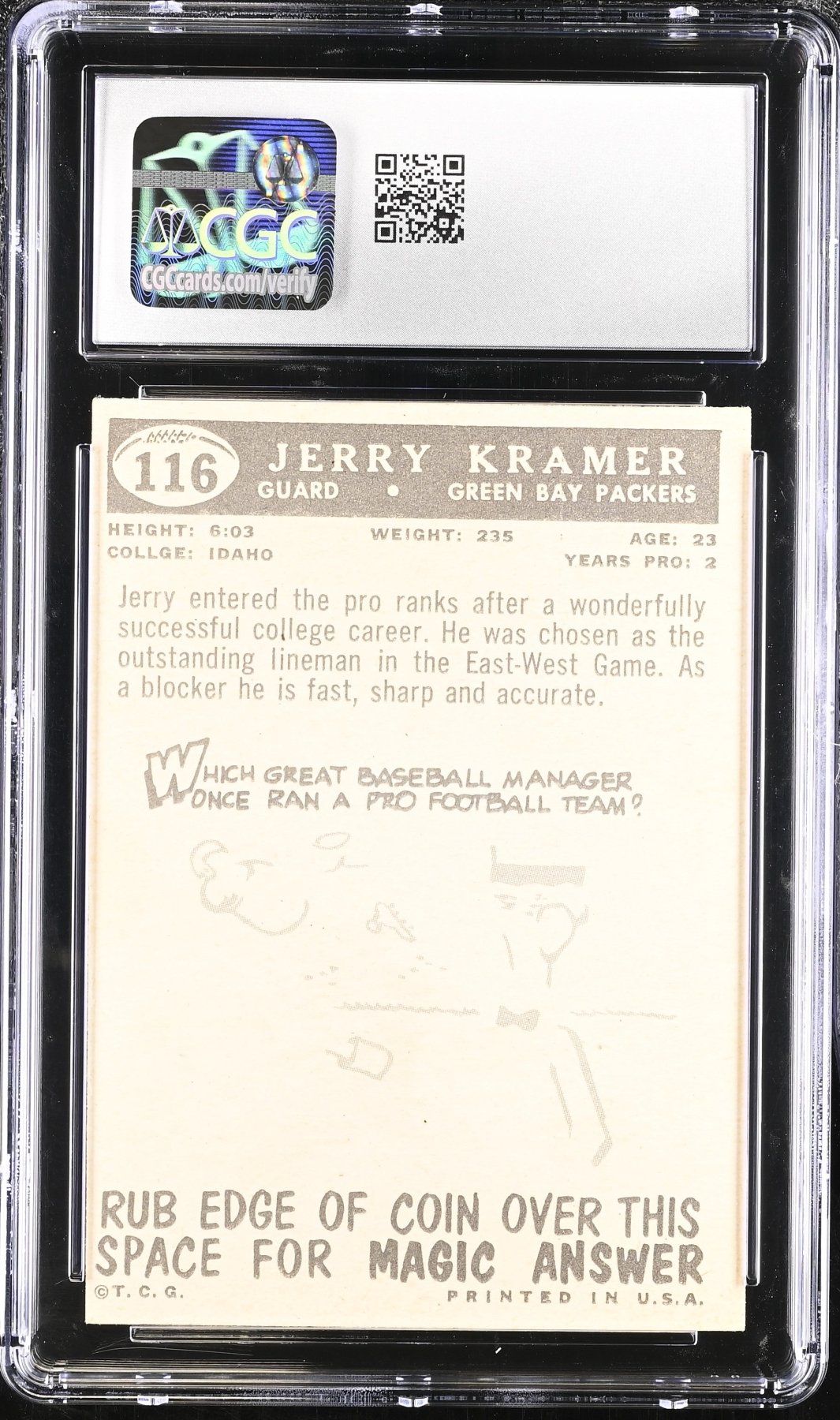 1959 Topps Jerry Kramer 116 RC Rookie CGC 6Graded Sports Cards