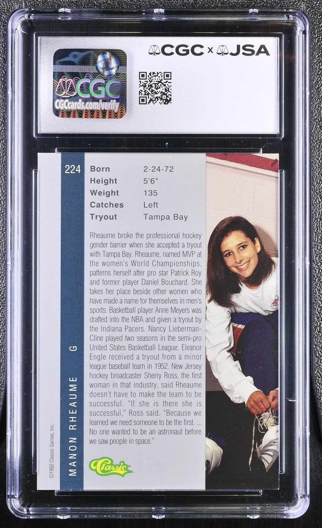 1992 Classic Four Sport Manon Rhéaume 224 Hand Signed Auto CGC 6 Auto 8Graded Sports Cards