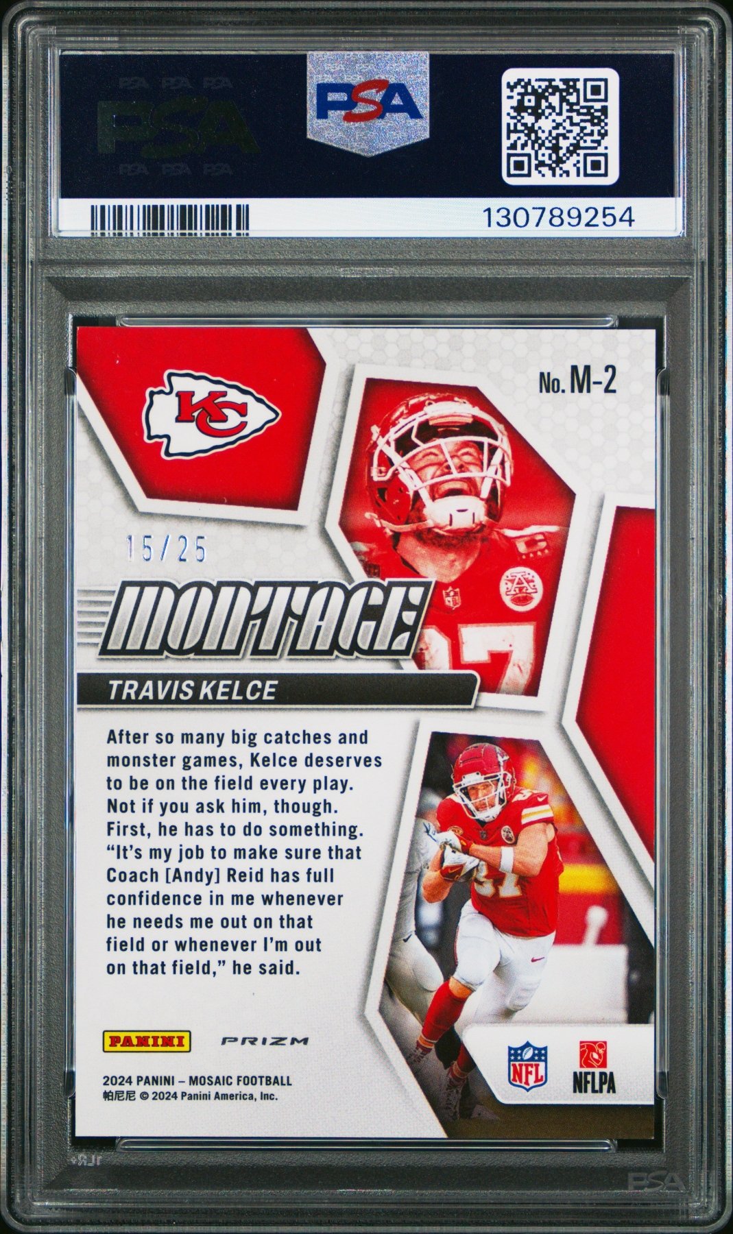 2024 Panini Mosaic Montage Travis Kelce M - 2 White Mosaic 15/25 PSA 10Graded Sports Cards