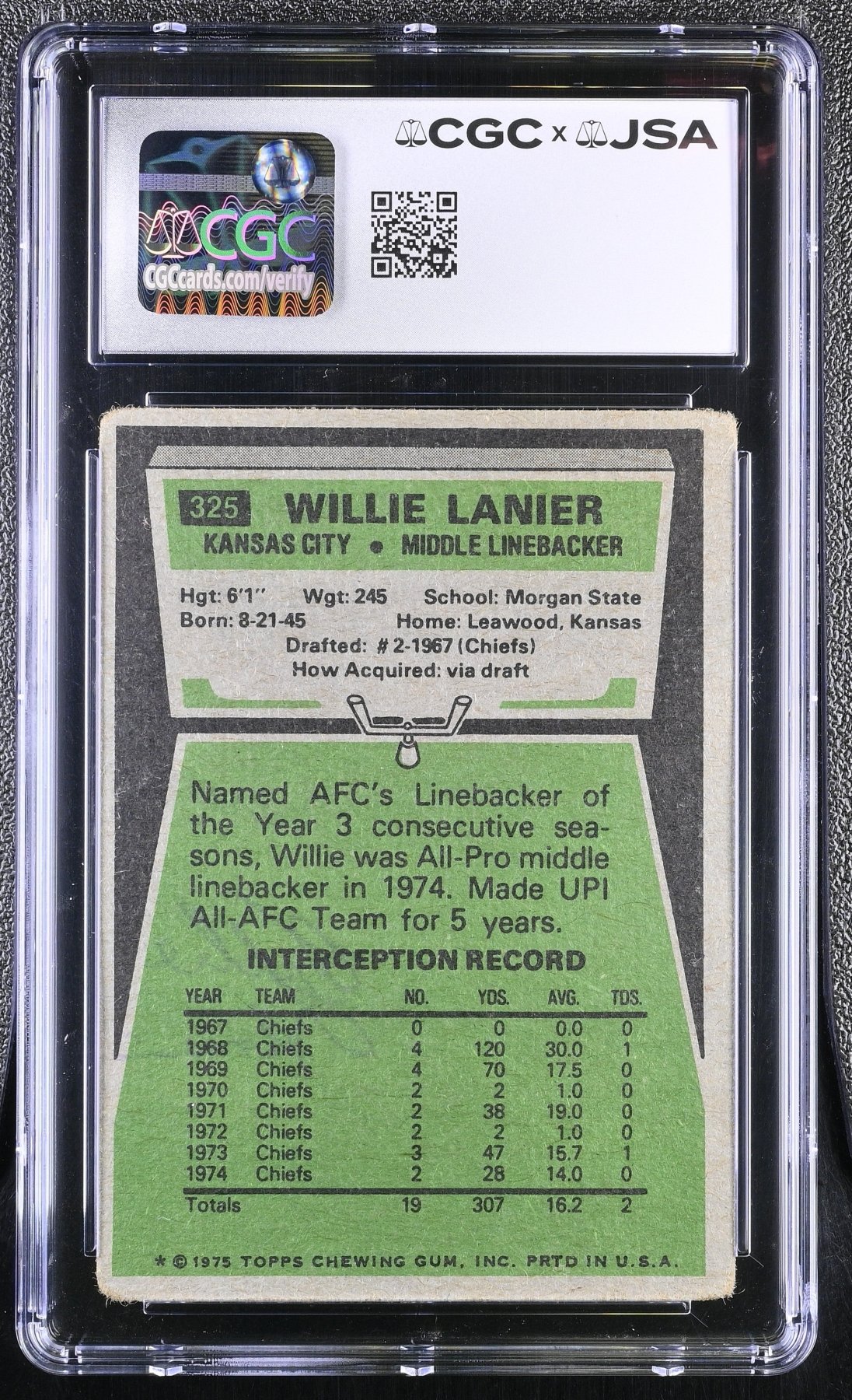 1975 Topps Football Willie Lanier #325 Hand Signed Auto CGC 2 Auto 10 Secondary image