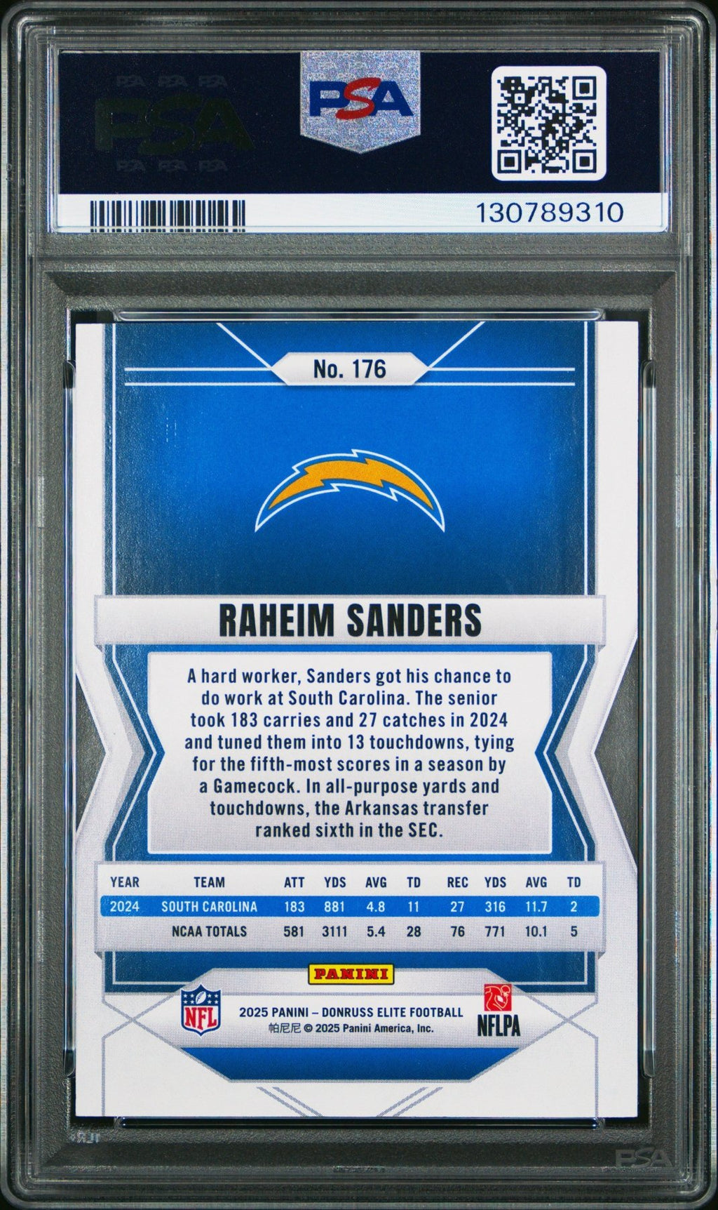2025 Panini Donruss Elite Raheim Sanders 176 Blue RC Rookie 56/75 PSA 8Graded Sports Cards
