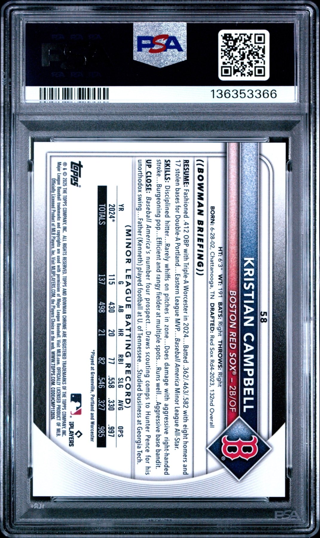 2025 Bowman Chrome Kristian Campbell #58 Gold Refractor 44/50 RC Rookie PSA 9 Secondary image