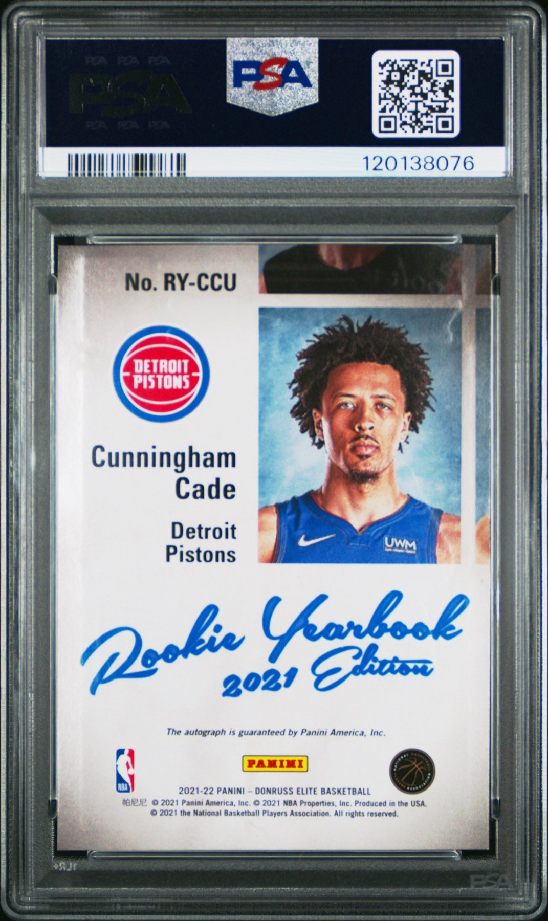 2021-22 Donruss Elite Rookie Yearbook Auto Cade Cunningham Asia Red Green PSA 9 Secondary image