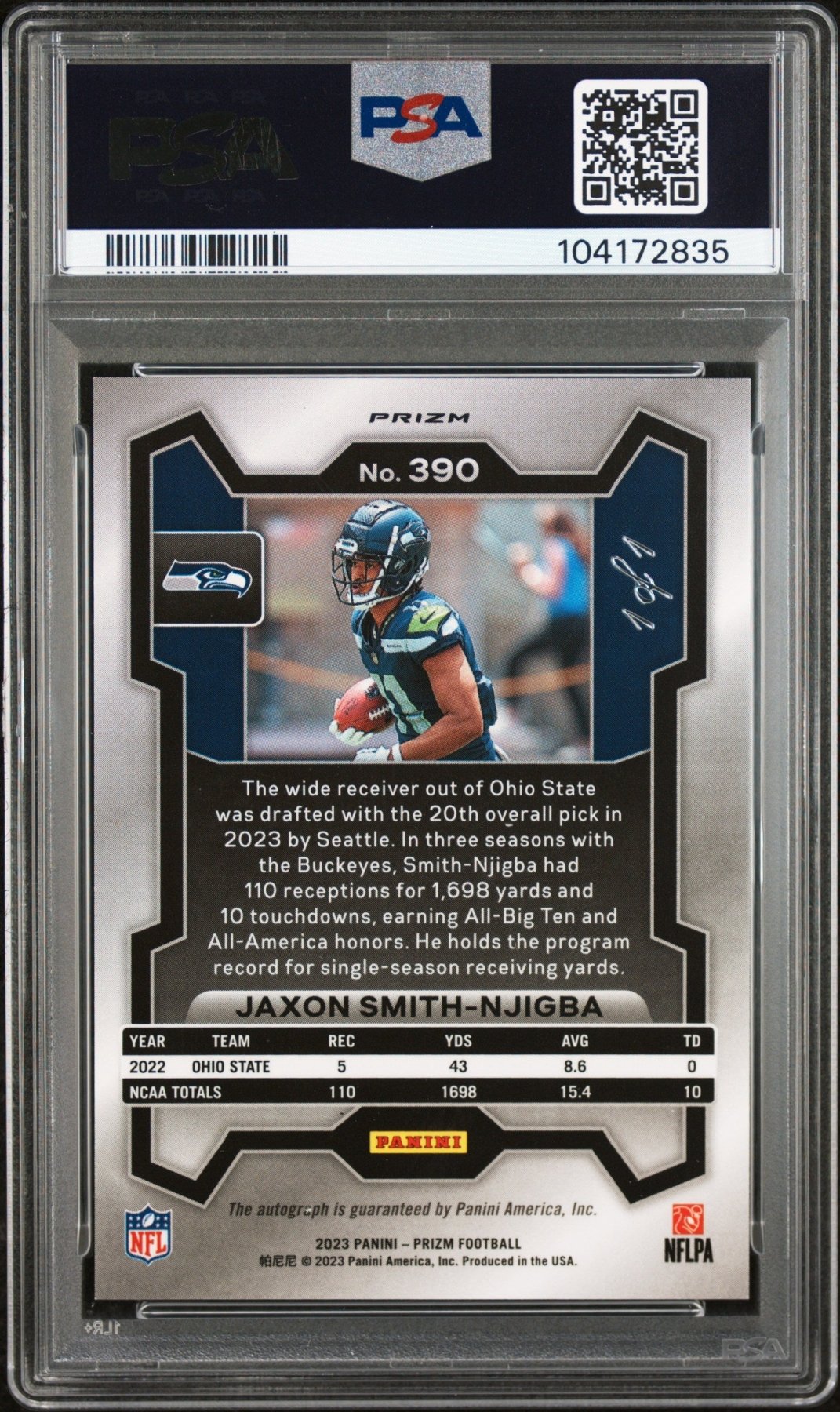 2023 Panini Prizm Jaxon Smith-Njigba #390 Auto Black Shimmer Prizm 1/1 PSA 8 Secondary image
