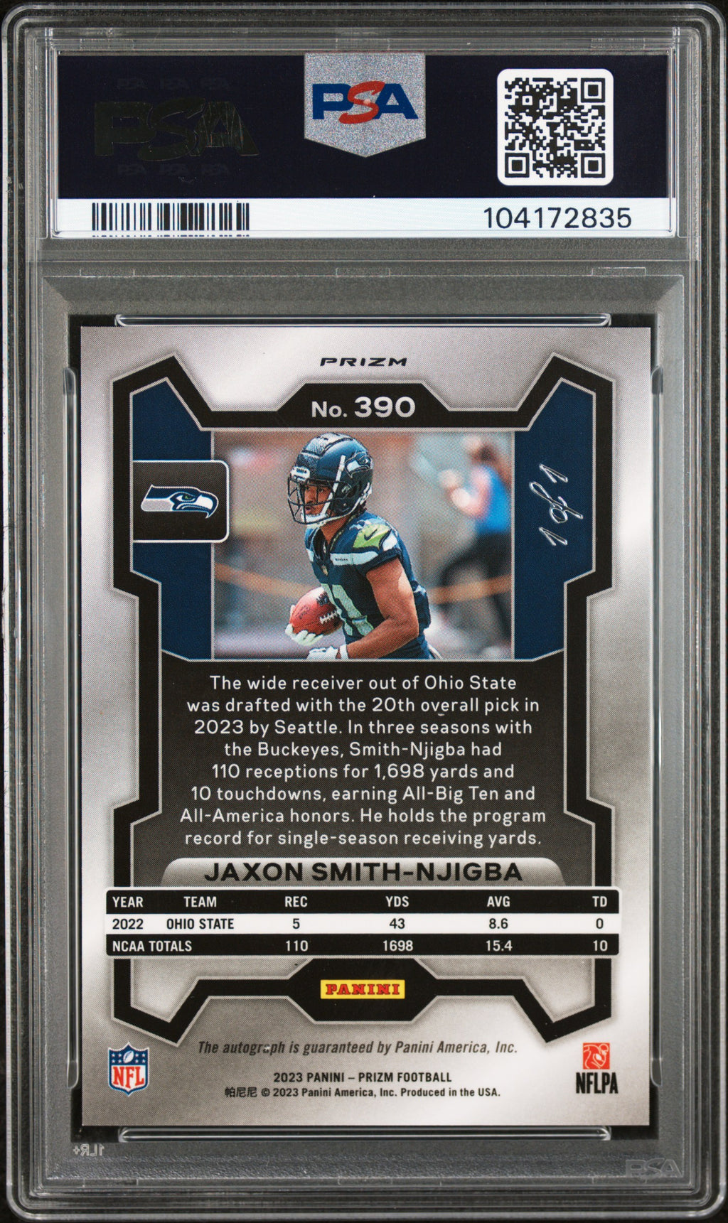 2023 Panini Prizm Jaxon Smith-Njigba #390 Auto Black Shimmer Prizm 1/1 PSA 8