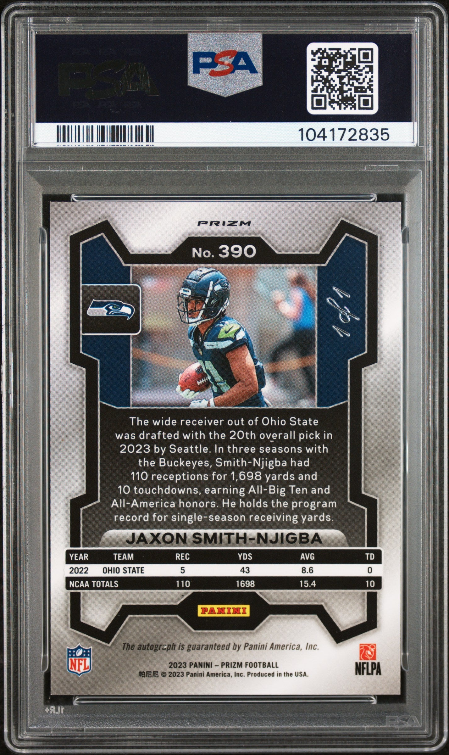 2023 Panini Prizm Jaxon Smith-Njigba #390 Auto Black Shimmer Prizm 1/1 PSA 8