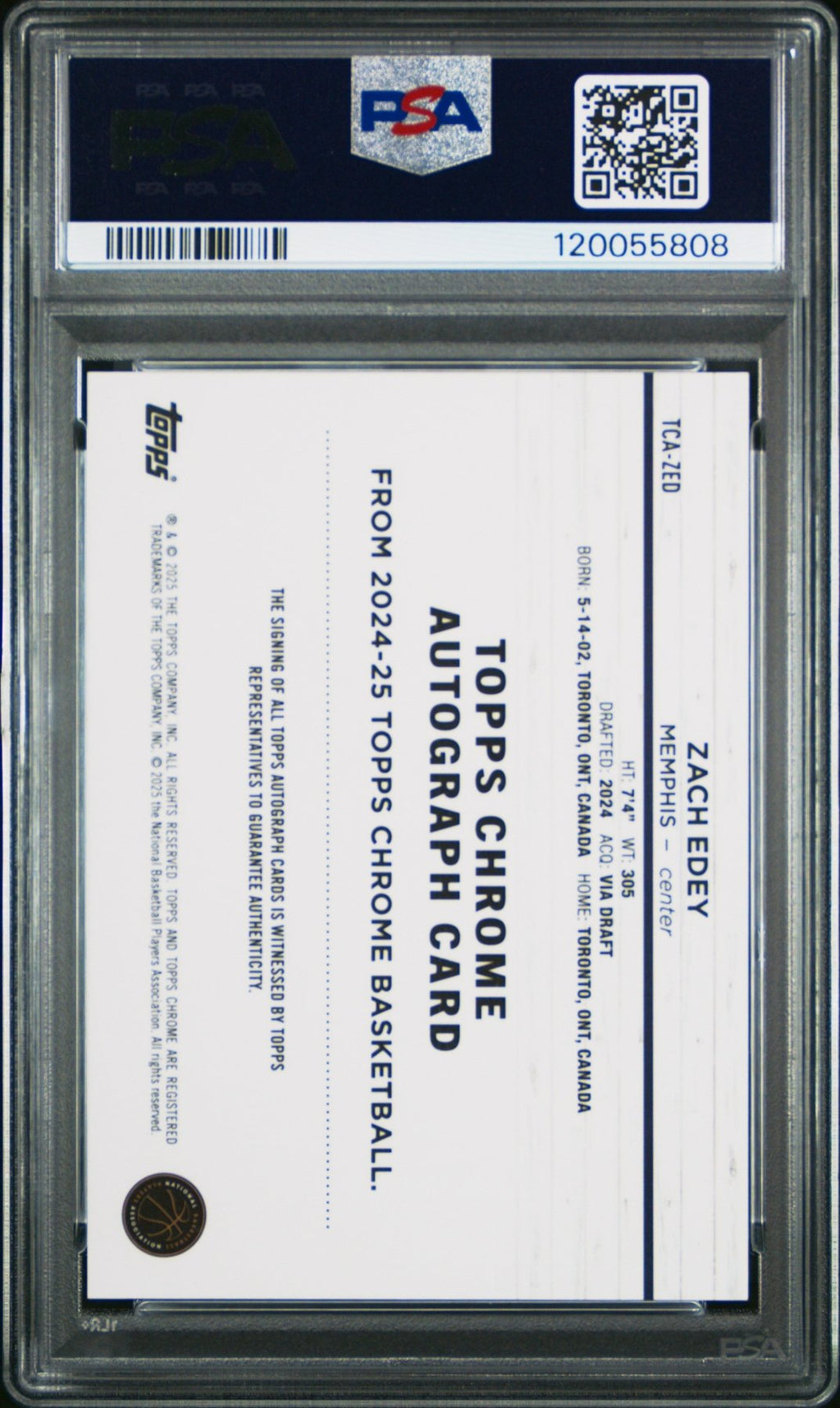 2024 - 25 Topps Chrome Zach Edey TCA - ZED Black Refractor Rookie Auto 01/10 PSA 9Graded Sports Cards