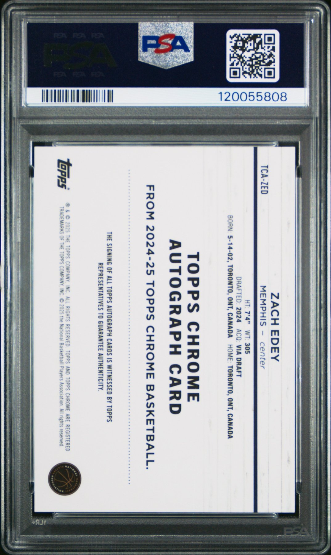 2024 - 25 Topps Chrome Zach Edey TCA - ZED Black Refractor Rookie Auto 01/10 PSA 9Graded Sports Cards