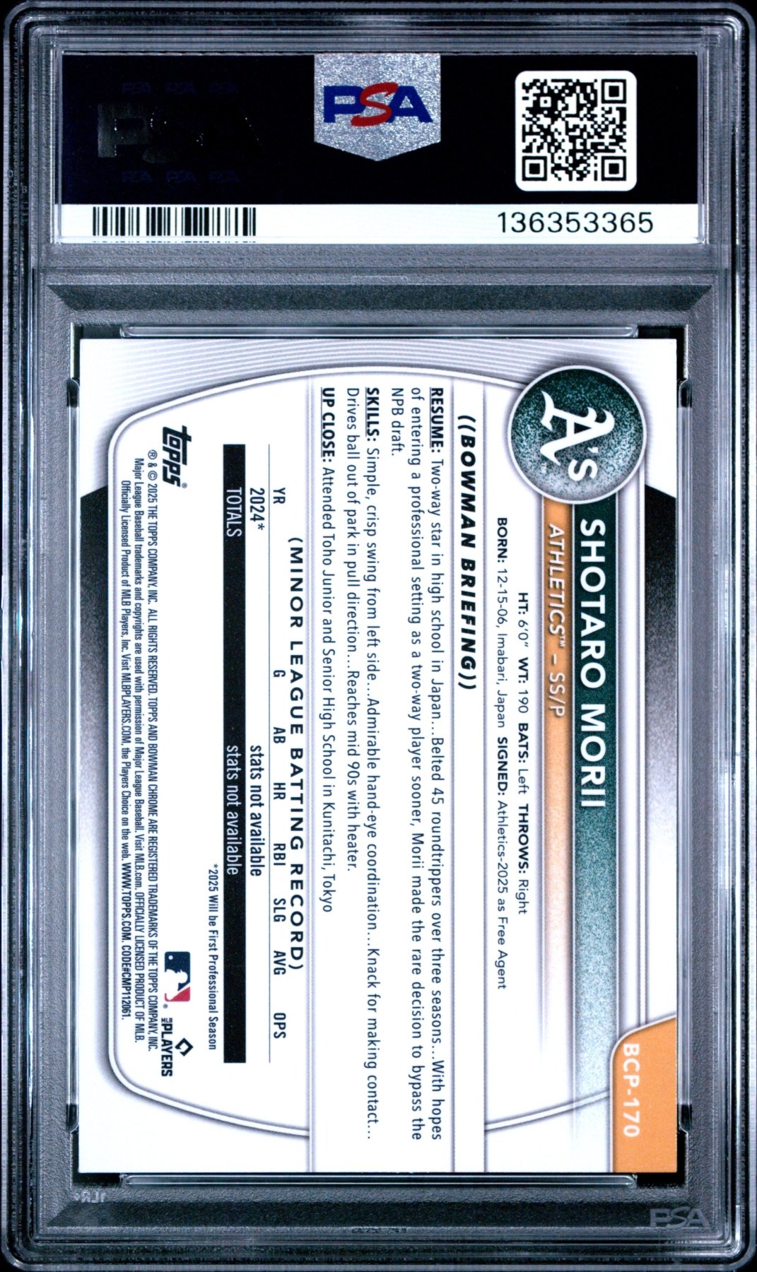 2025 Bowman Chrome Shotaro Morii BCP - 170 Purple Geometric 1st Bowman /250 PSA 9Graded Sports Cards