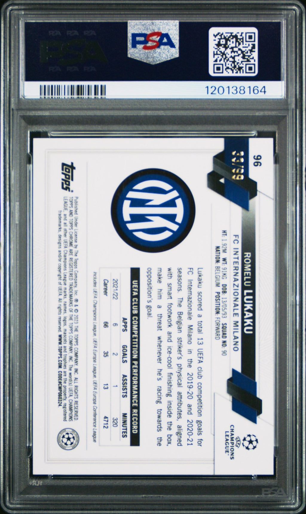 2022 - 23 Topps Chrome UEFA Sapphire Romelu Lukaku 96 Yellow 33/99 PSA 10Graded Sports Cards