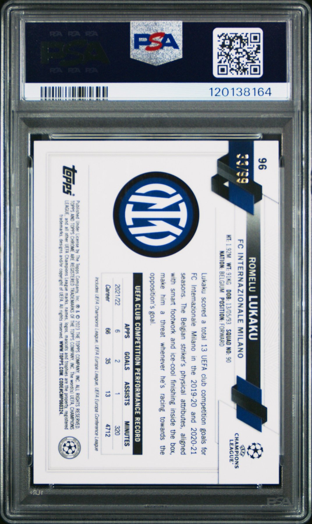 2022 - 23 Topps Chrome UEFA Sapphire Romelu Lukaku 96 Yellow 33/99 PSA 10Graded Sports Cards