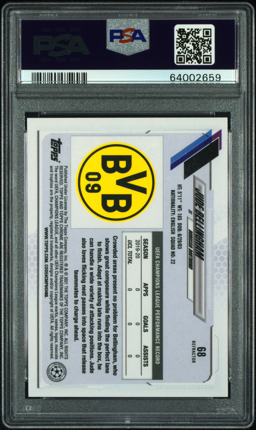 2020-21 Topps Chrome UEFA Jude Bellingham #68 Refractor RC Rookie PSA 9