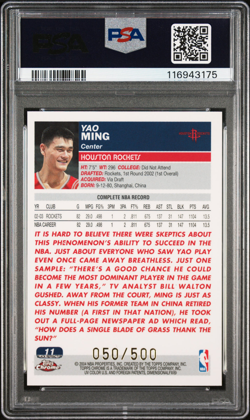 2003-04 Topps Chrome Yao Ming #11 Black Refractor 050/500 PSA 9