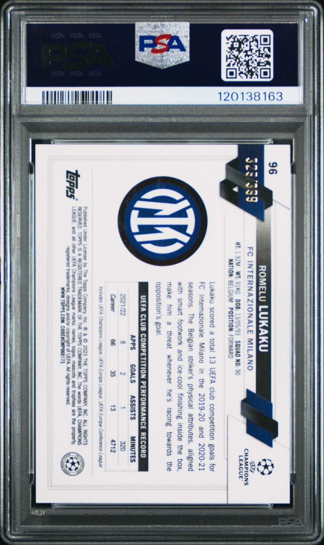 2022 - 23 Topps Chrome UEFA Romelu Lukaku 96 Neon Green X - Fractor 329/399 PSA 9Graded Sports Cards
