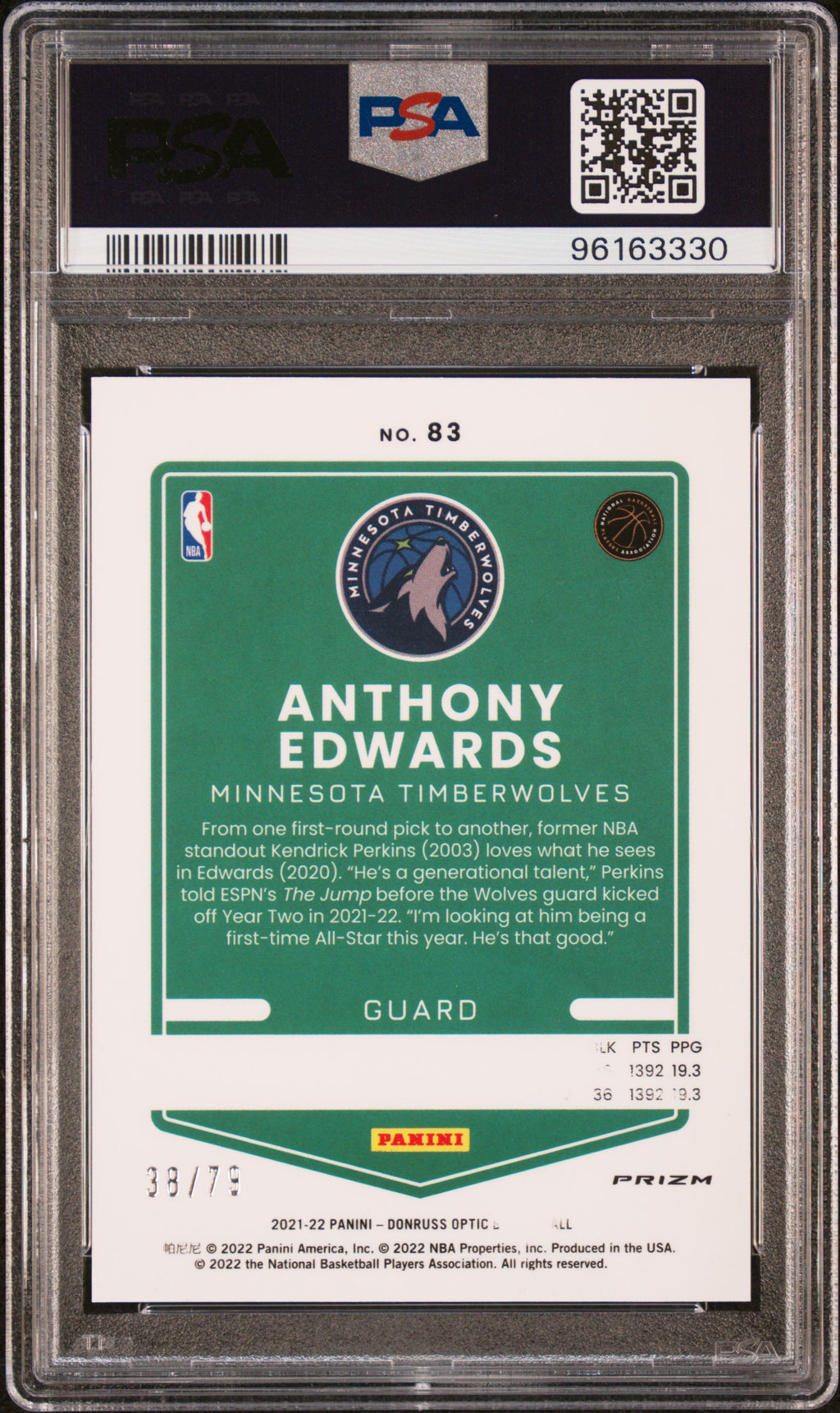 2021-22 Panini Donruss Optic Anthony Edwards #83 Pink Velocity 38/79 PSA 8 JC