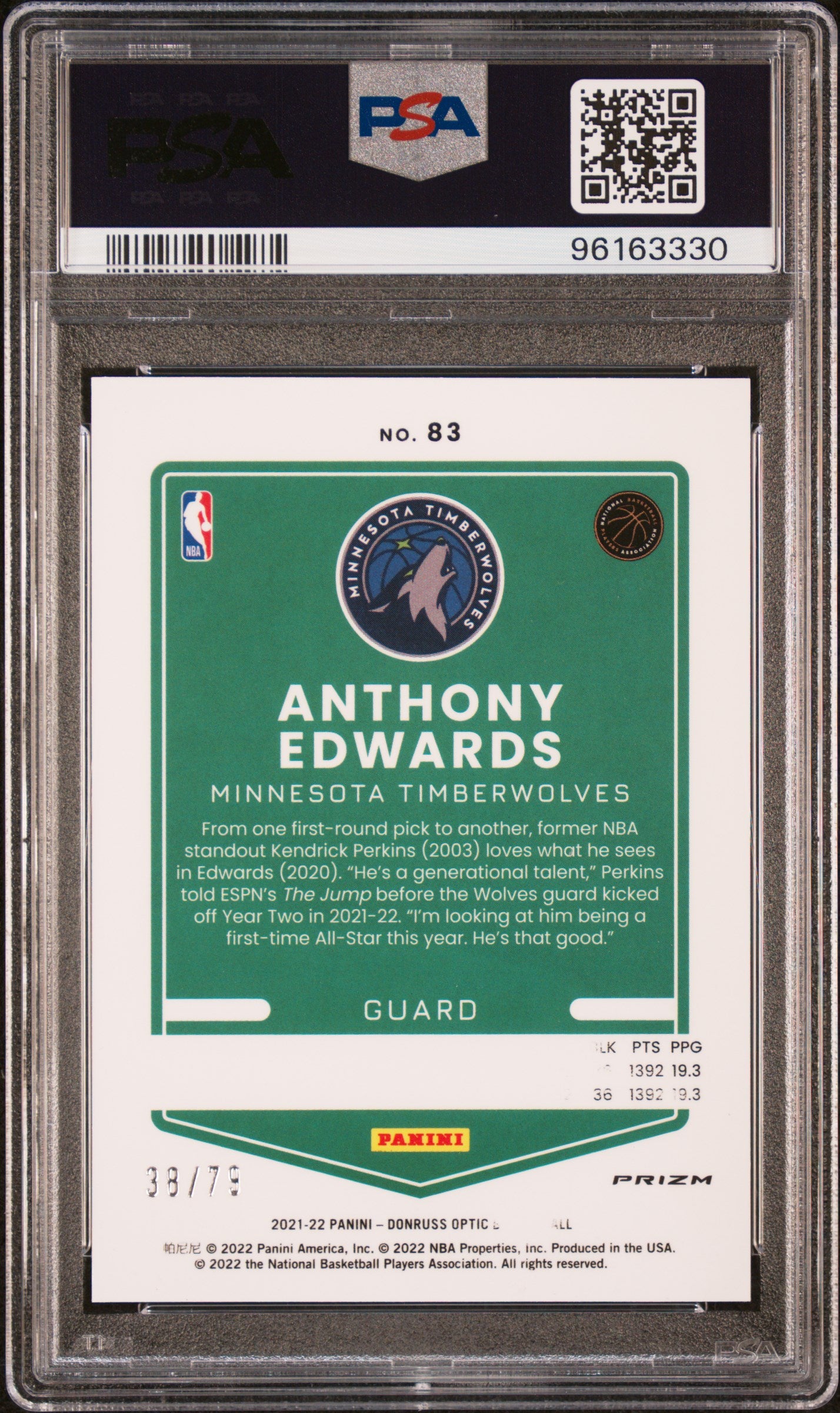 2021-22 Panini Donruss Optic Anthony Edwards #83 Pink Velocity 38/79 PSA 8 JC