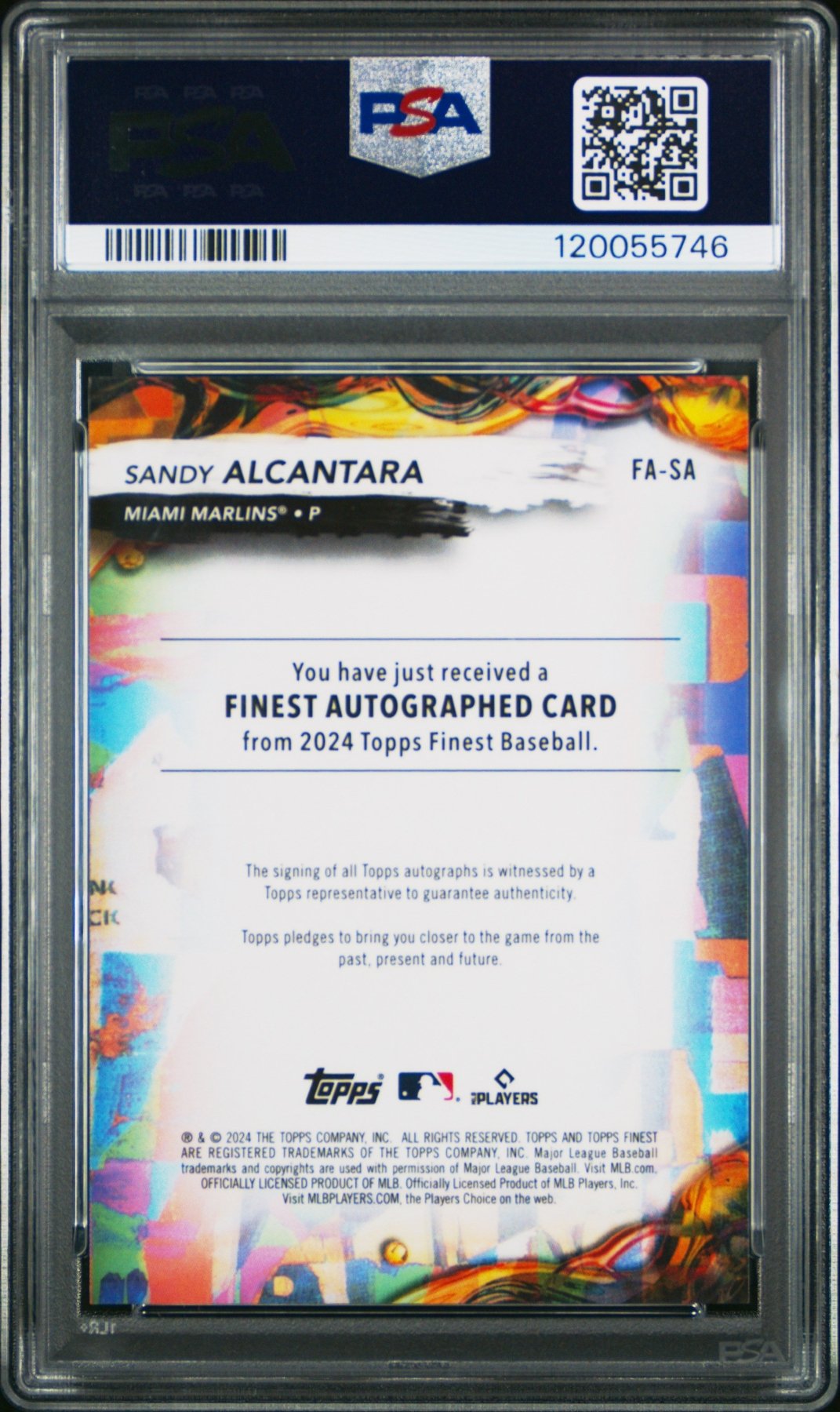 2024 Topps Finest Sandy Alcantara #FA-SA Green Refractor Auto 07/75 PSA 9 Secondary image