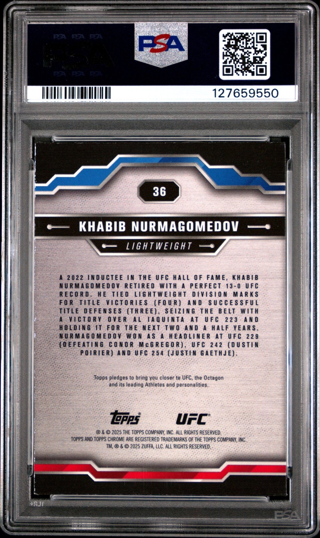 2025 Topps Chrome UFC Khabib Nurmagomedov 36 Aqua Refractor 199/199 PSA 9Graded Sports Cards