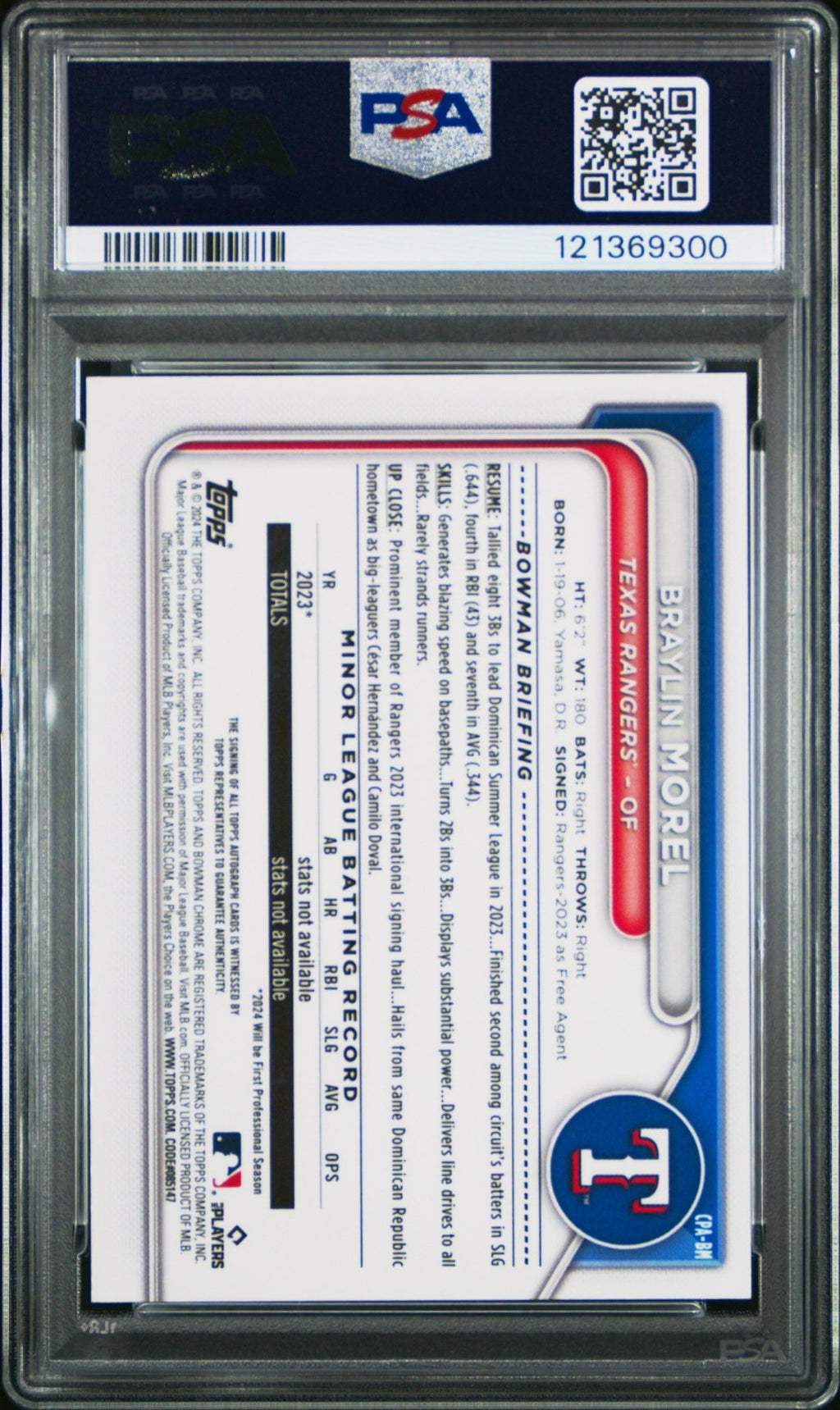 2024 Bowman Chrome Prospect Autographs Braylin Morel CPABM Gold Ref 39/50 PSA 9Graded Sports Cards
