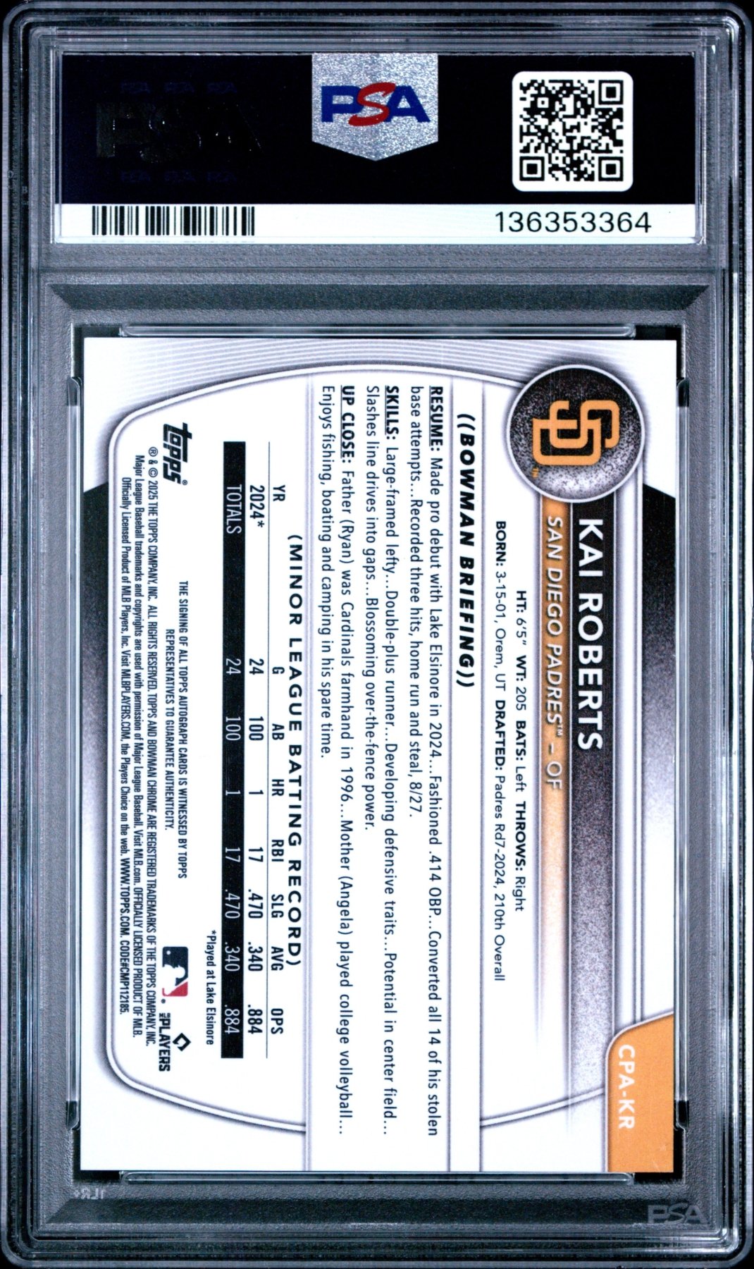 2025 Bowman Chrome Kai Roberts #CPA-KR Mini Diamond 1st Bowman Auto /100 PSA 10 Secondary image