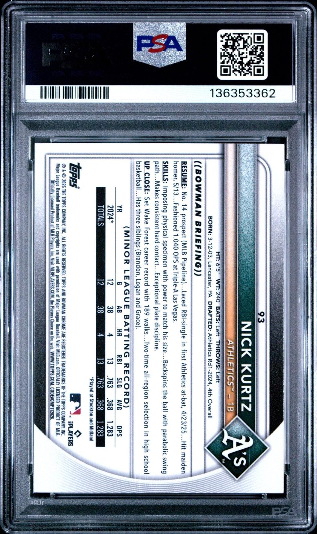2025 Bowman Chrome Nick Kurtz 93 Green Geometric RC Rookie 71/99 PSA 10Graded Sports Cards