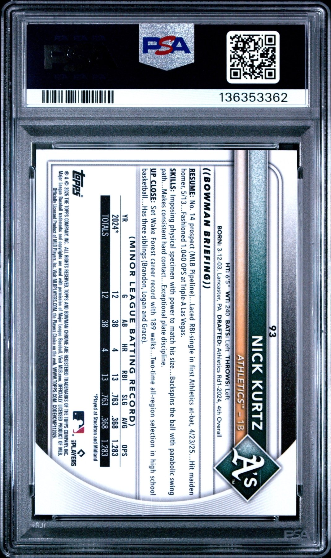 2025 Bowman Chrome Nick Kurtz 93 Green Geometric RC Rookie 71/99 PSA 10Graded Sports Cards