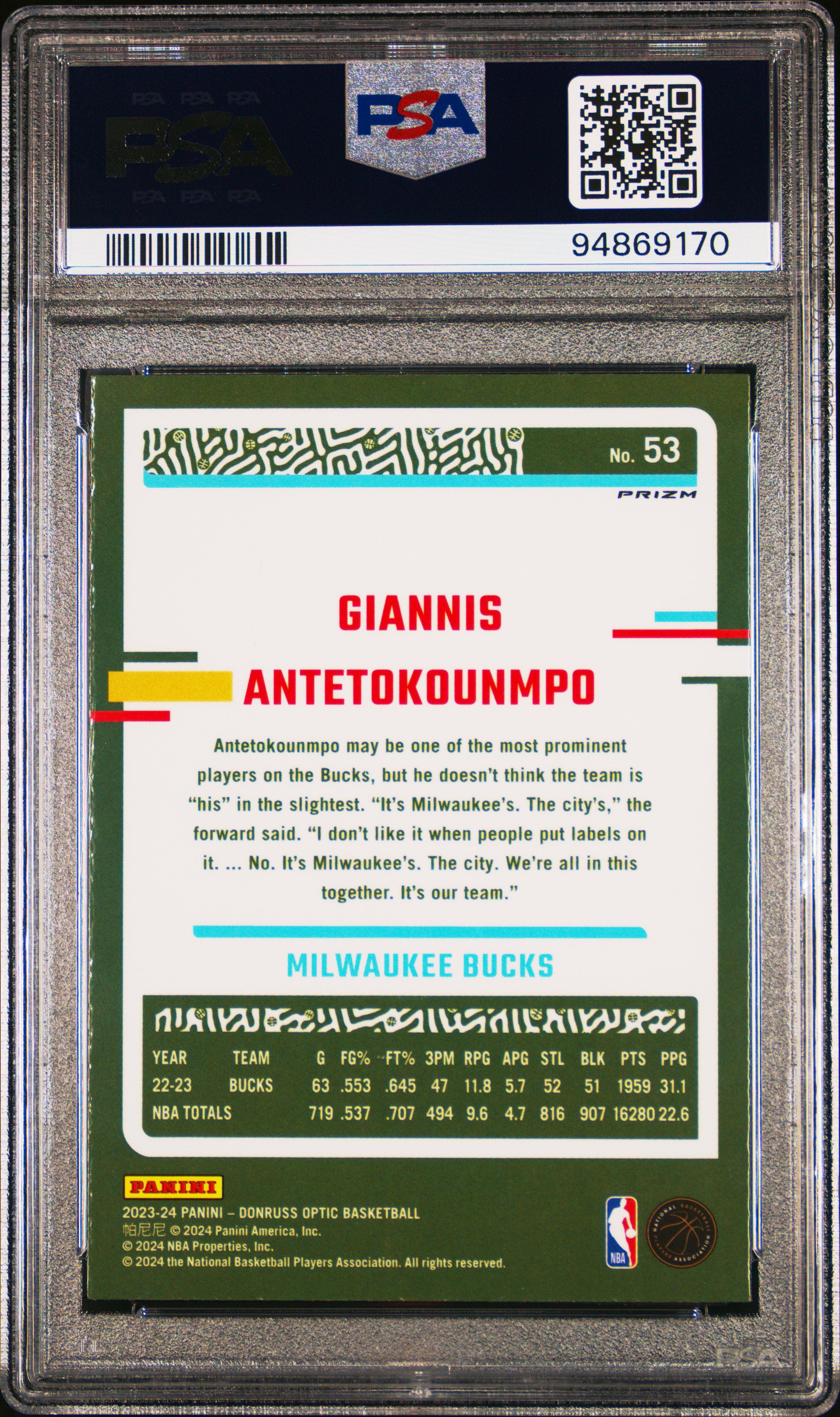 2023-24 Panini Donruss Optic Giannis Antetokounmpo #53 Dragon Choice PSA 10