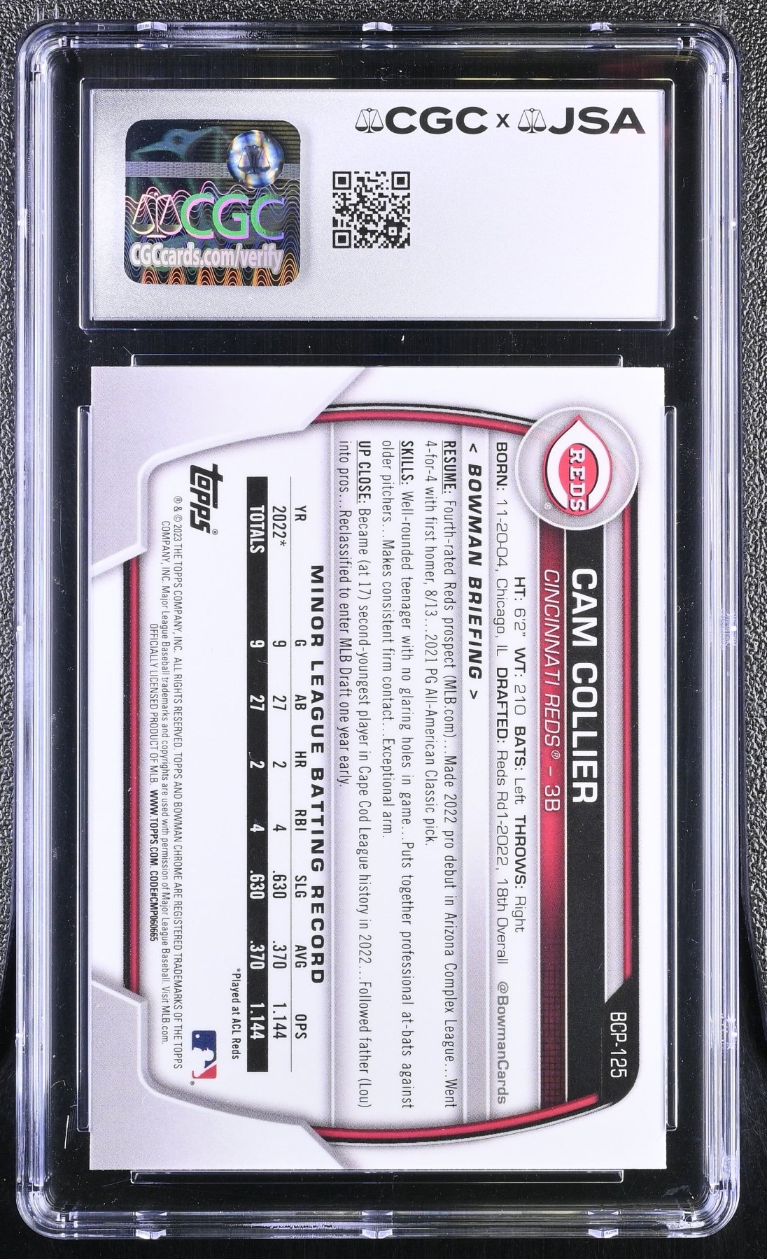 2023 Bowman Cam Collier #BCP-125 Hand Signed Auto 1st Bowman CGC 10 Auto 8 Secondary image