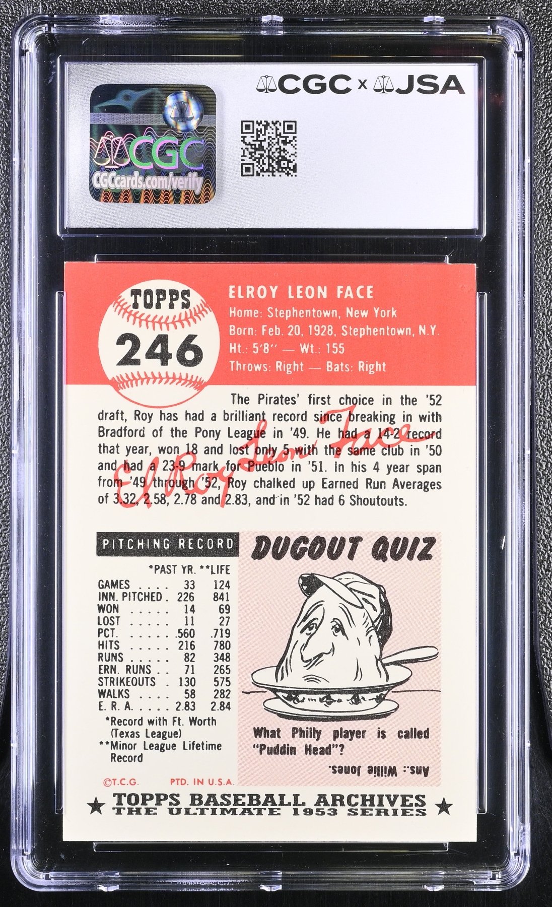 1991 Topps Archives '53 Baseball Roy Face #246 Hand Signed Auto CGC 8 Auto 10 Secondary image