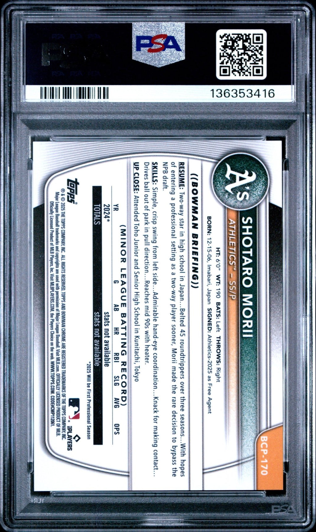 2025 Bowman Chrome Shotaro Morii BCP - 170 Gold Wave 1st Bowman 21/50 PSA 9Graded Sports Cards