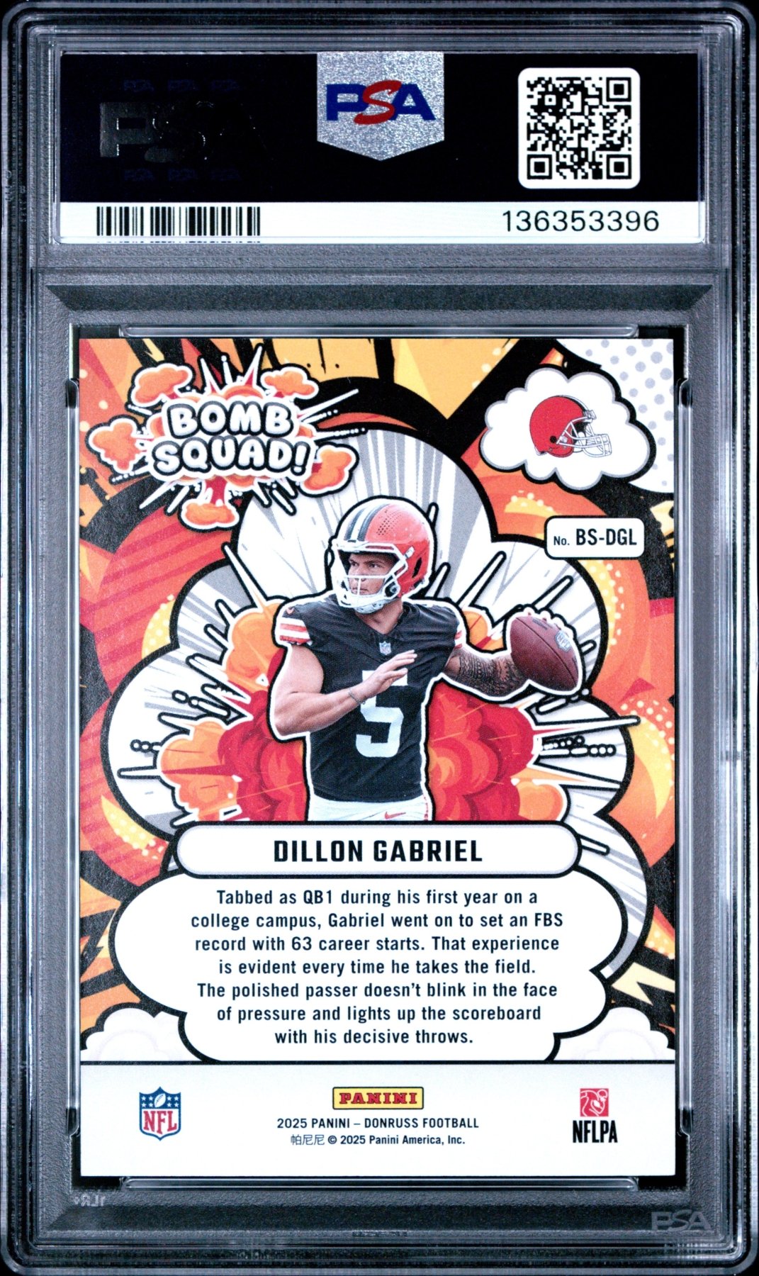 2025 Panini Donruss Bomb Squad Dillon Gabriel #BS-DGL Holo RC Rookie /100 PSA 10 Secondary image