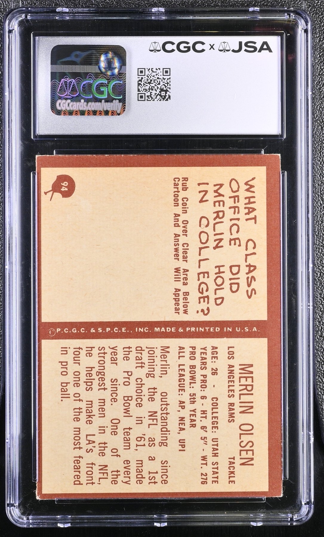 1967 Philadelphia Football Merlin Olsen #94 Hand Signed Auto CGC Authentic Secondary image