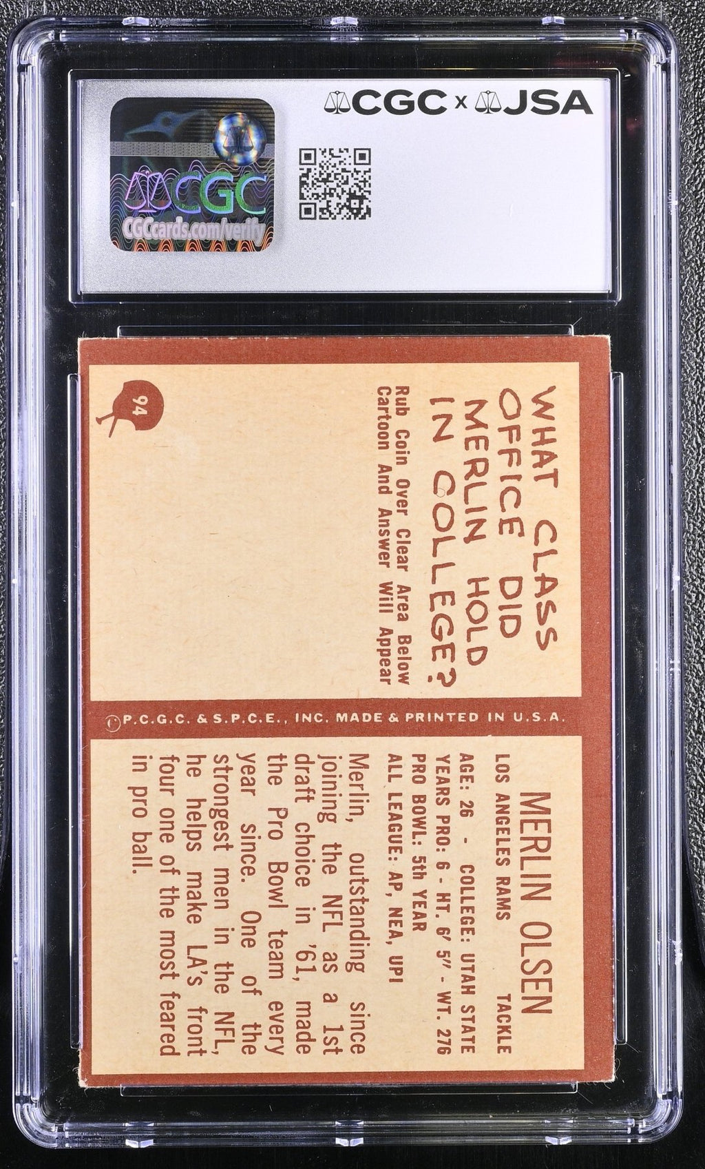 1967 Philadelphia Football Merlin Olsen 94 Hand Signed Auto CGC AuthenticGraded Sports Cards