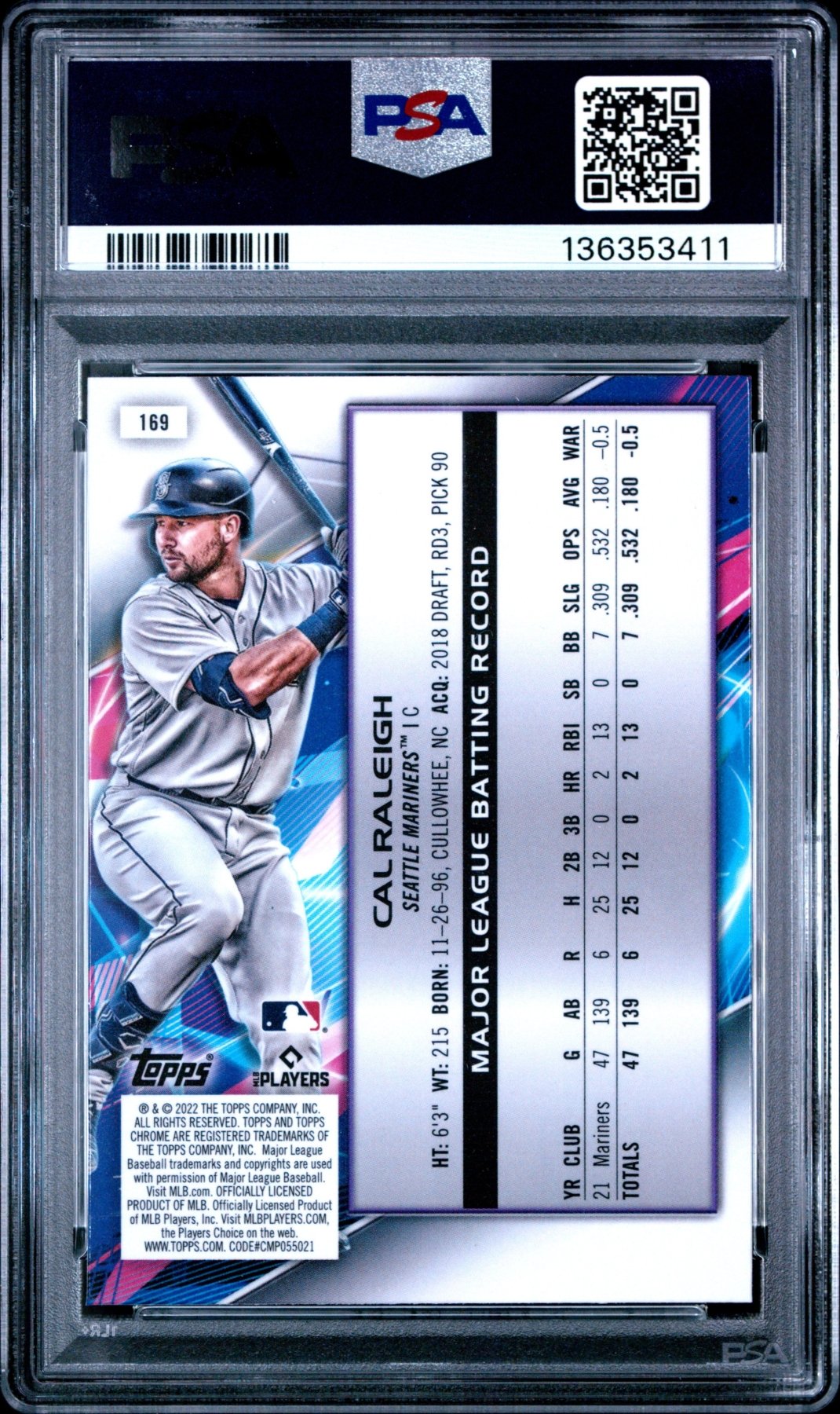 2022 Topps Cosmic Chrome Cal Raleigh #169 Nucleus Refractor RC Rookie PSA 10 Secondary image