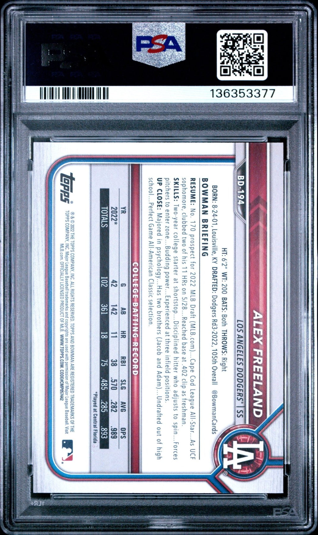 2022 Bowman Draft 1st Edition Alex Freeland 194 Gold Foil 1st Bowman /50 PSA 10Graded Sports Cards