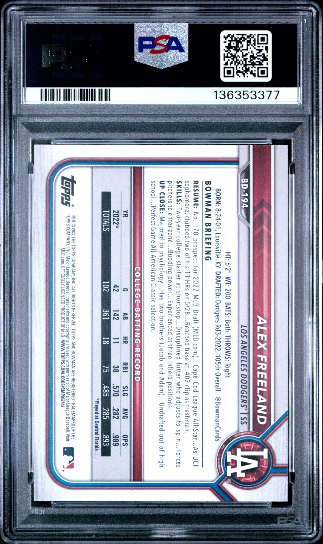 2022 Bowman Draft 1st Edition Alex Freeland 194 Gold Foil 1st Bowman /50 PSA 10Graded Sports Cards