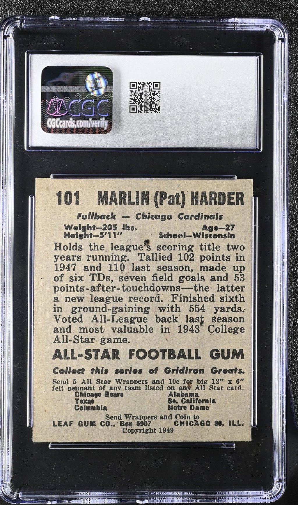1949 Leaf Marlin Pat Harder 101 CGC 6Graded Sports Cards