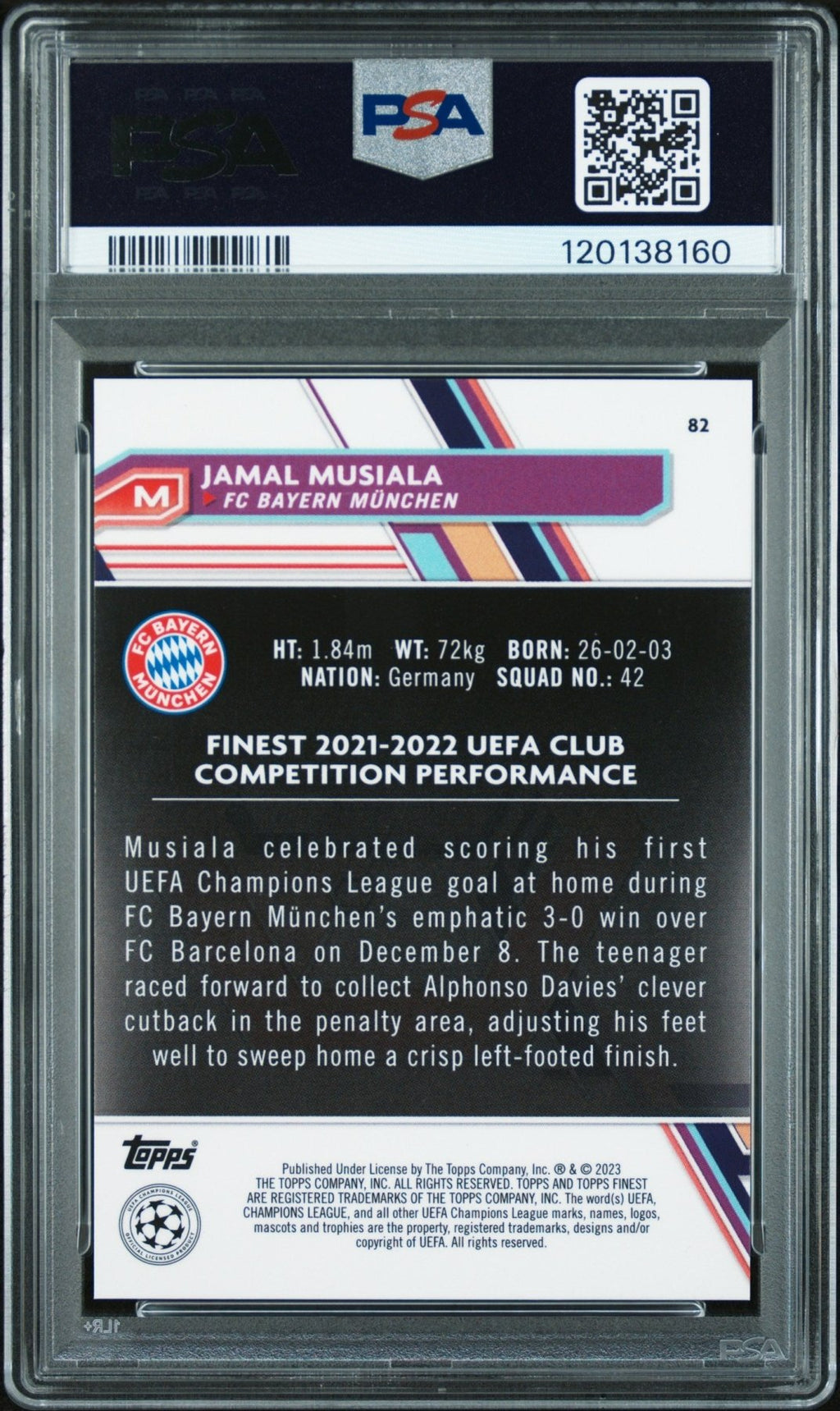 2022 - 23 Topps Finest UEFA Jamal Musiala 82 Sky Blue Refractor 017/275 PSA 9Graded Sports Cards