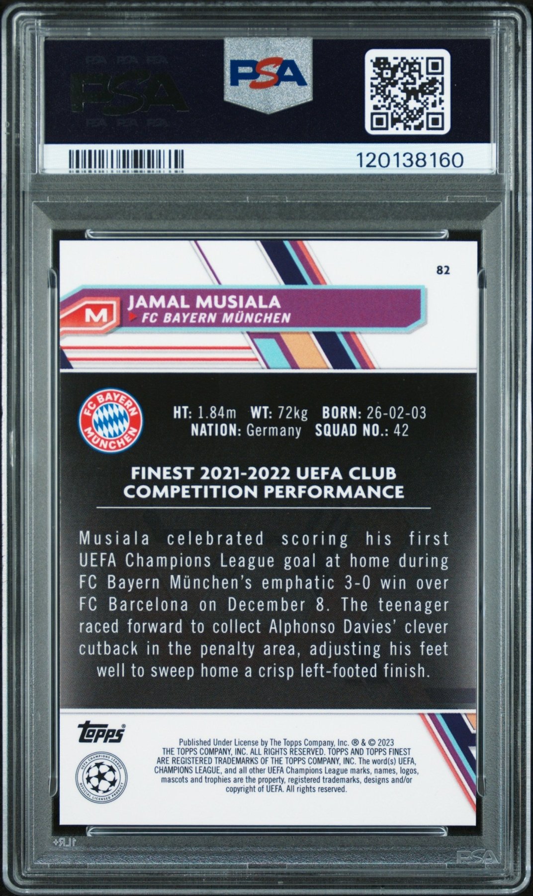 2022 - 23 Topps Finest UEFA Jamal Musiala 82 Sky Blue Refractor 017/275 PSA 9Graded Sports Cards