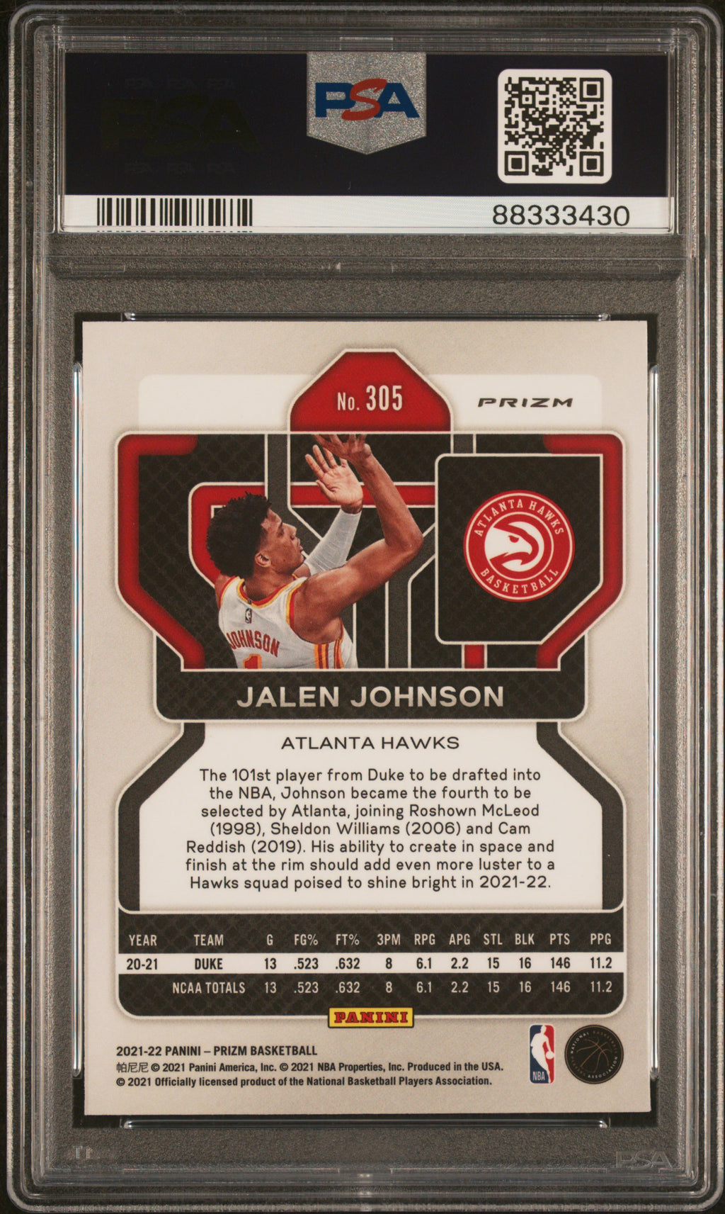 2021-22 Panini Prizm Jalen Johnson #305 Green Prizm RC Rookie PSA 10