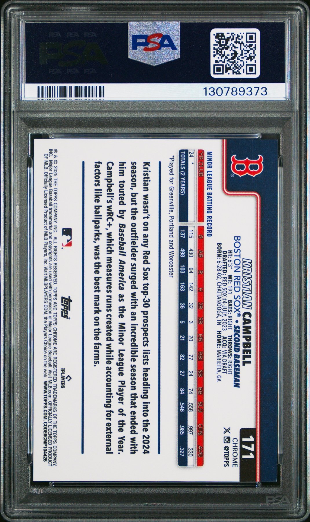 2025 Topps Chrome Kristian Campbell 171 Orange Geometric RC Rookie 03/25 PSA 9Graded Sports Cards