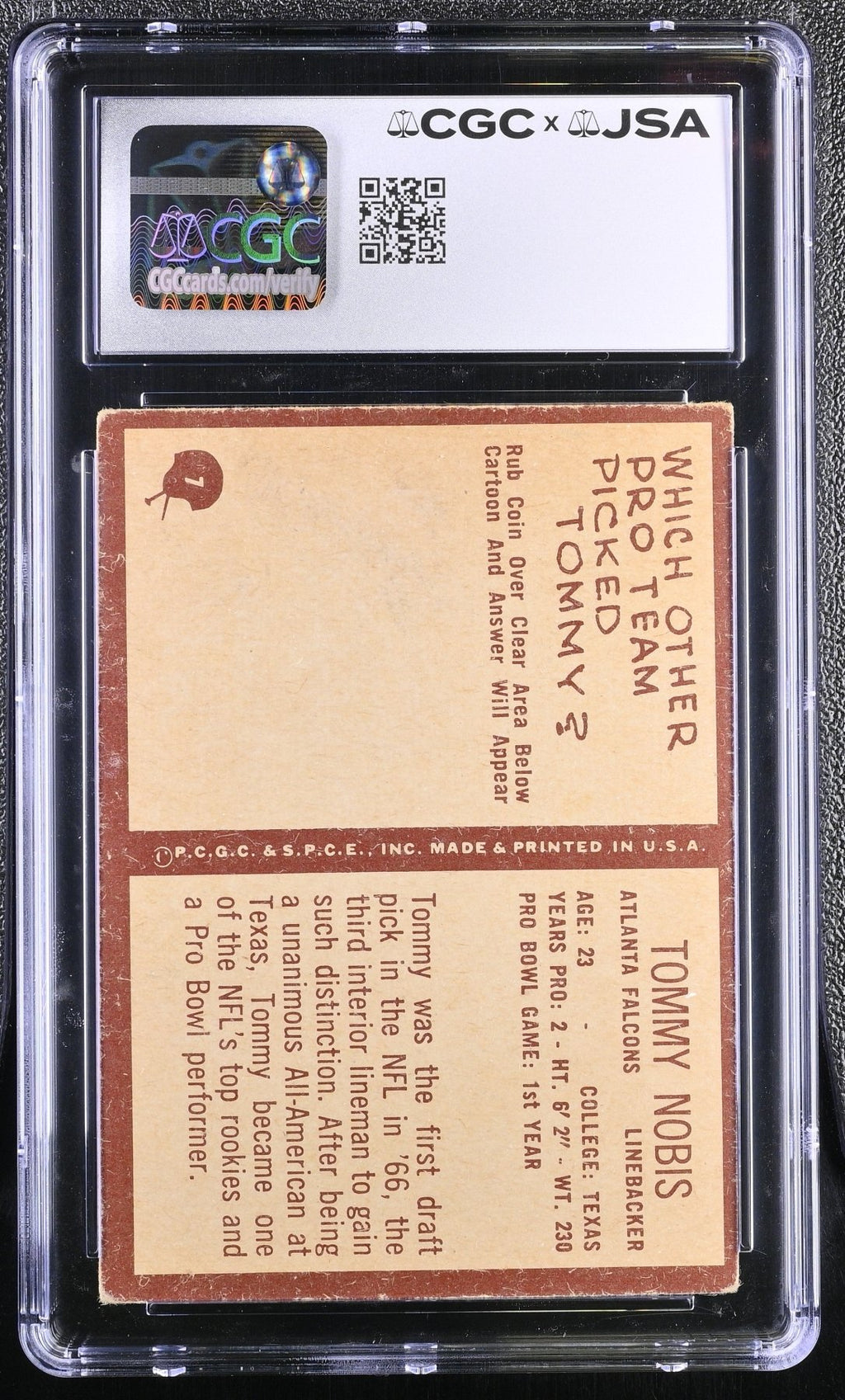 1967 Philadelphia Tommy Nobis 7 Hand Signed Auto Rookie CGC AuthenticGraded Sports Cards