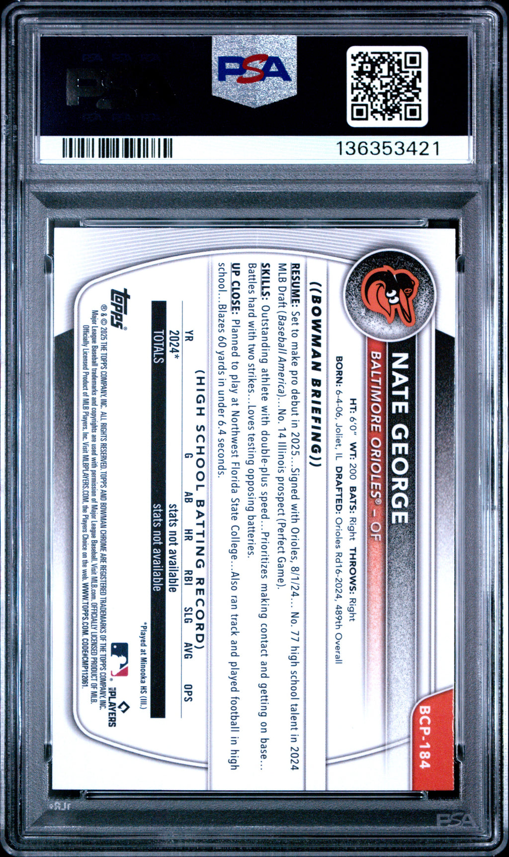 2025 Bowman Chrome Nate George #BCP-184 Pulsar Refractor /399 1st Bowman PSA 10
